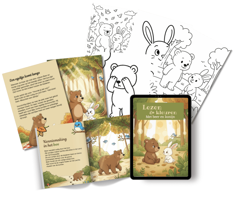 Lezen en kleuren met beer en konijn