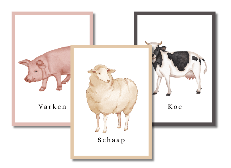 Boerderijdieren flashcards, peuter, kleuter
