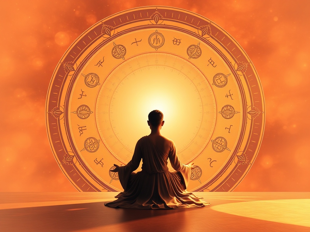 "A calm Vedische guide in a luminous, balanced setting. Reza studies birth and mind maps with celestial charts, warm tones, precise focus, inviting clarity."