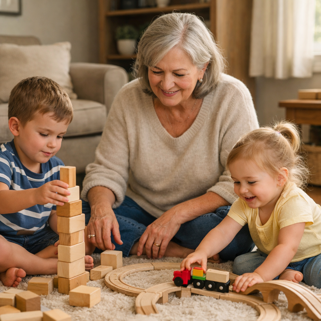 oma speelt met kleinkinderen, hurken, op knieën zitten