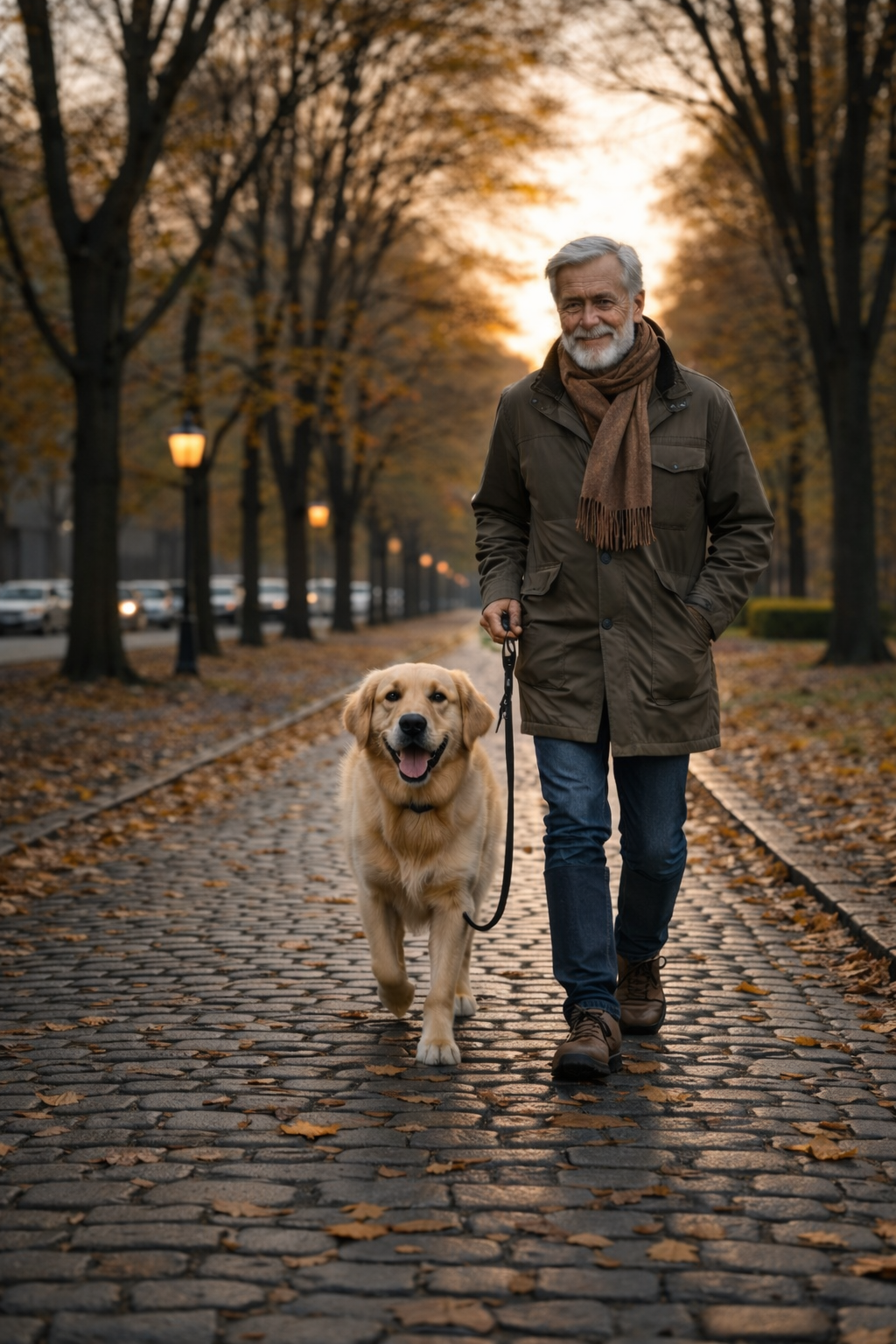 Man van 60 maakt dagelijkse wandeling met zijn hond ondanks knieartrose