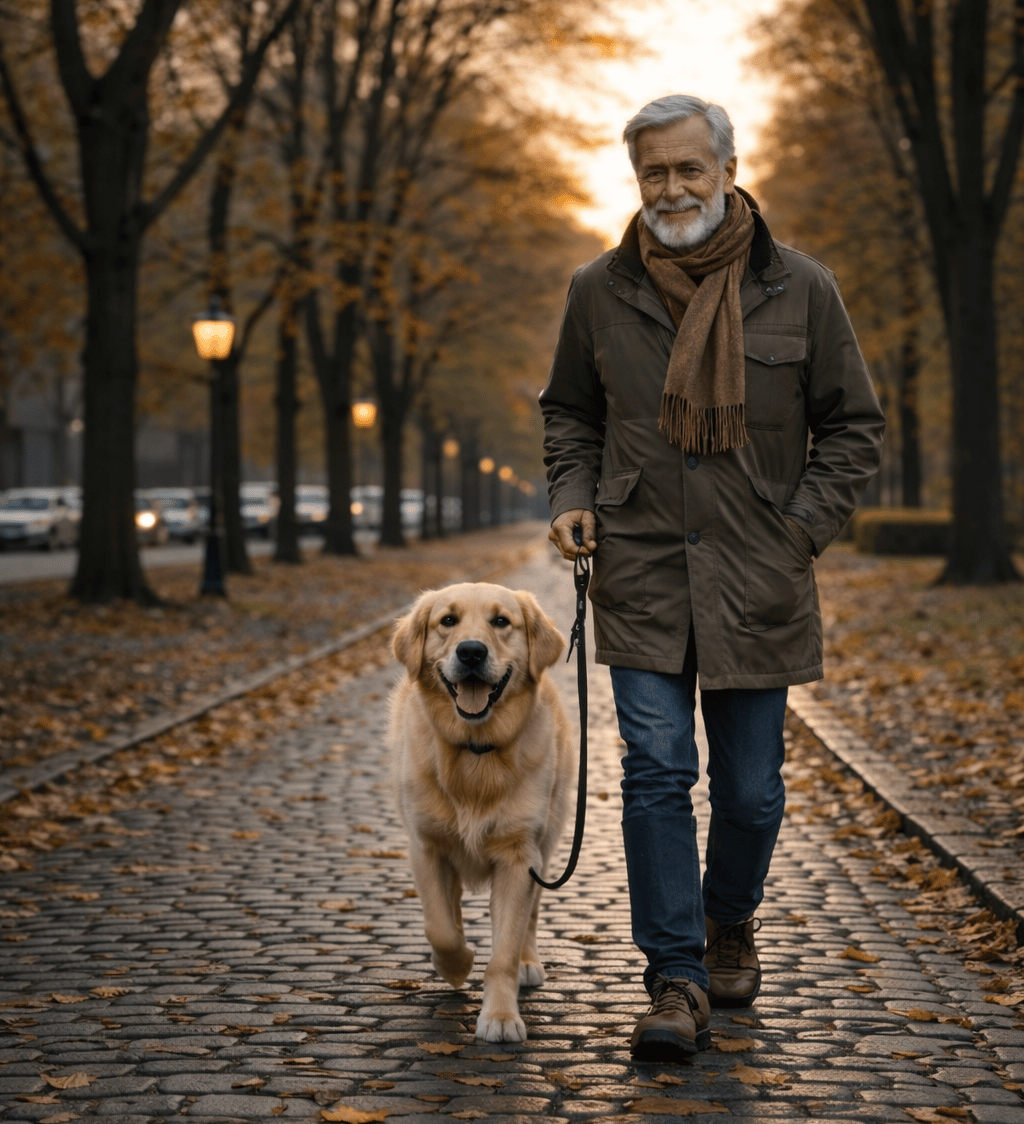 Man van 60 maakt dagelijkse wandeling met zijn hond ondanks knieartrose