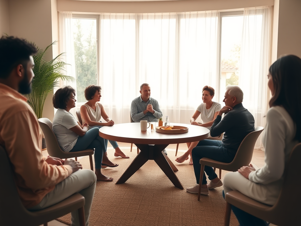 A serene therapy room with a round table surrounded by diverse people in thoughtful poses, soft natural light filtering through large windows, warm earthy tones.