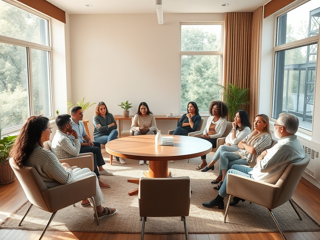 A serene therapy room with a round table surrounded by diverse people in thoughtful poses, soft natural light filtering through large windows, warm earthy tones.
