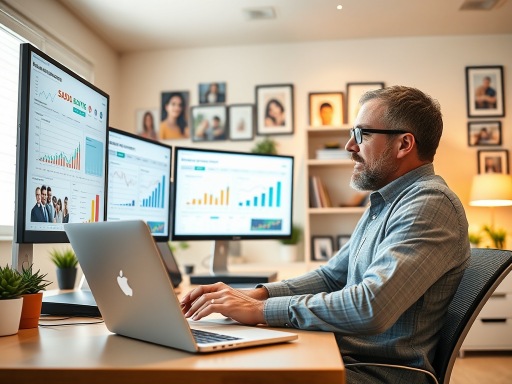 A bright, modern office scene showing a confident digital marketer analyzing charts on screens; diverse family photos in the background; warm lighting; a laptop labeled with abstract icons, not brand names. You may only use up to 25 words.