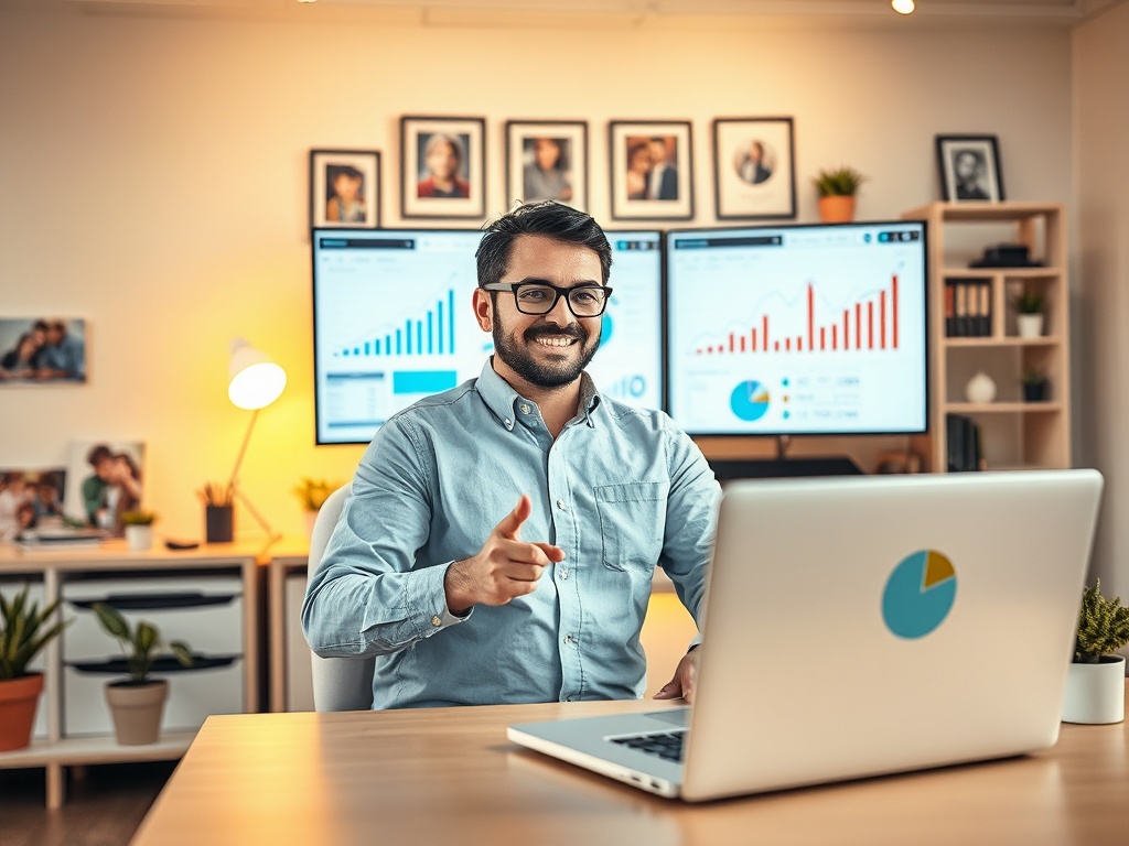 A bright, modern office scene showing a confident digital marketer analyzing charts on screens; diverse family photos in the background; warm lighting; a laptop labeled with abstract icons, not brand names. You may only use up to 25 words.
