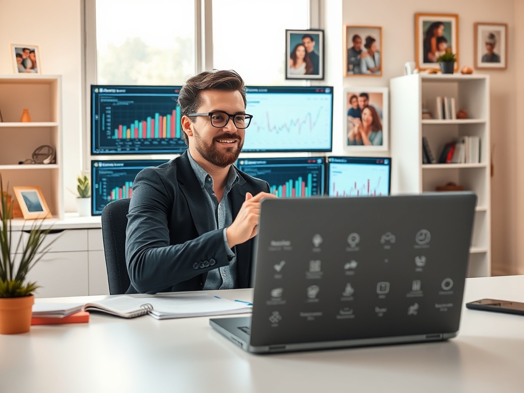 A bright, modern office scene showing a confident digital marketer analyzing charts on screens; diverse family photos in the background; warm lighting; a laptop labeled with abstract icons, not brand names. You may only use up to 25 words.
