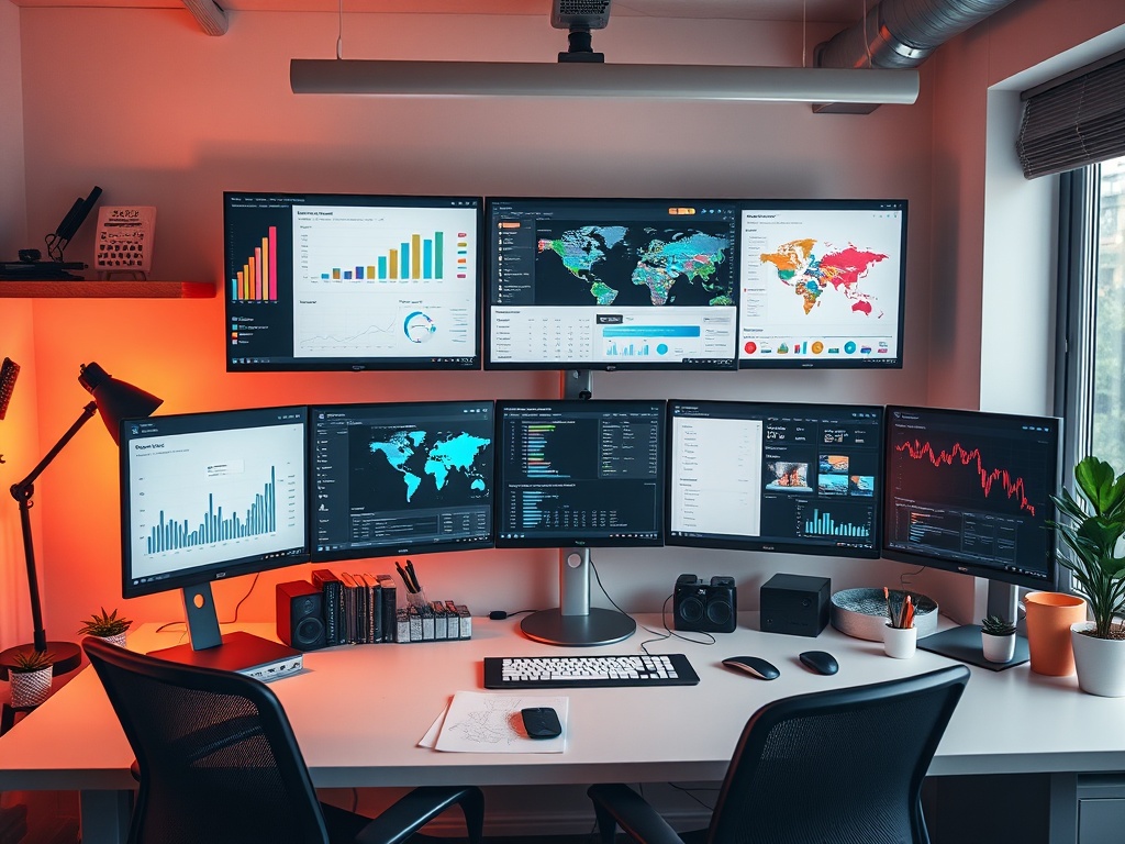 A sleek freelancer workspace with multiple screens showing charts, maps, and ad dashboards; warm lighting, modern decor, focus on digital marketing, subtle Dutch elements.