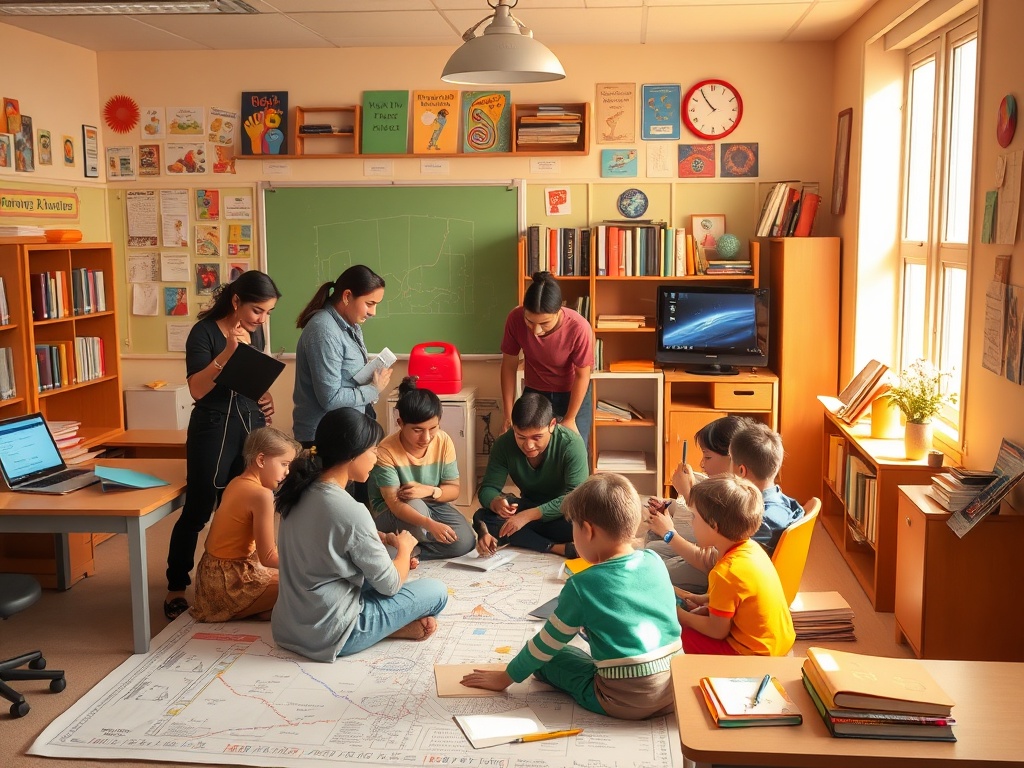 "A vibrant, cozy classroom fusion scene