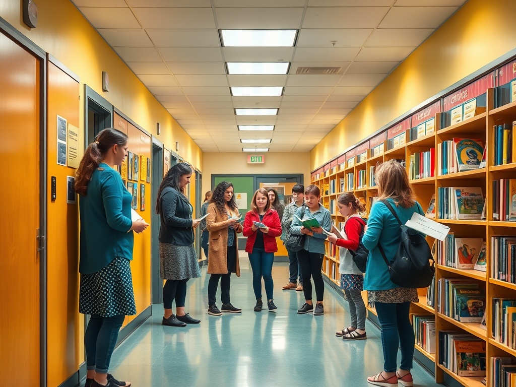 "A vibrant school hallway transforming into a collaborative Taalhuis space, parents and librarians engaging with bright materials, diverse team discussing plans, warm lighting, cohesive educativas."