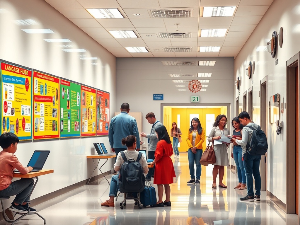 "A diverse school hallway scene