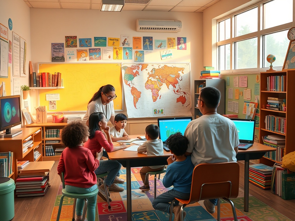 "A vibrant, cozy classroom fusion scene