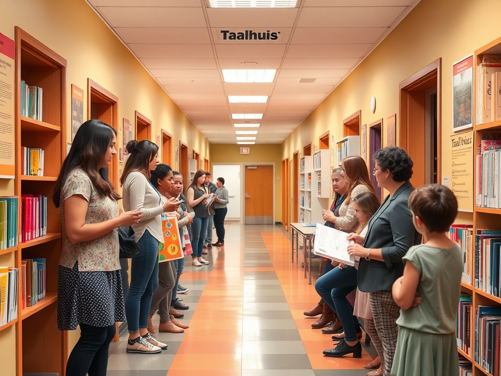 "A vibrant school hallway transforming into a collaborative Taalhuis space, parents and librarians engaging with bright materials, diverse team discussing plans, warm lighting, cohesive educativas."