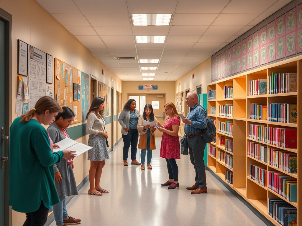 "A vibrant school hallway transforming into a collaborative Taalhuis space, parents and librarians engaging with bright materials, diverse team discussing plans, warm lighting, cohesive educativas."
