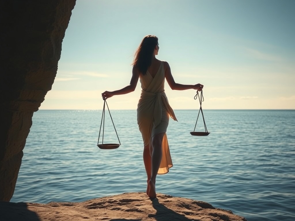"A poised woman stepping from shadow into soft light, balancing scales between inner calm and external demands, calm ocean horizon, warm earthy tones, symbolic reins in her hands"