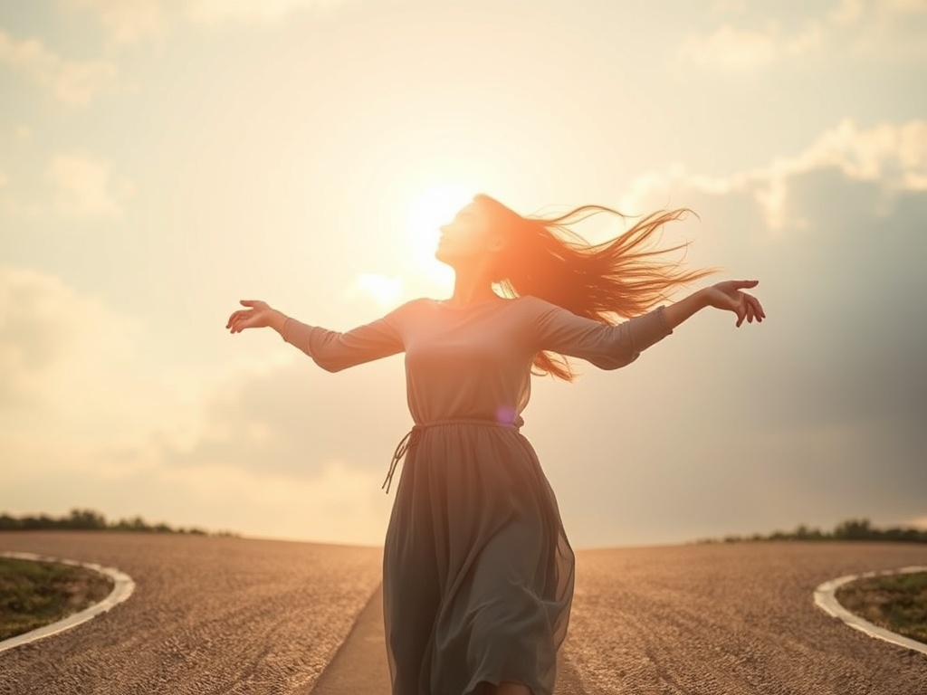"A serene woman reclaims control, standing at a crossroads, calm winds, soft light, boundaries glowing softly, inner strength blooming, subtle energy flow."