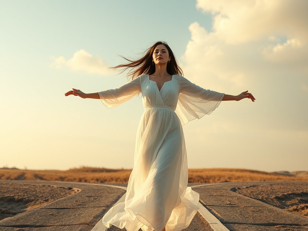 "A serene woman reclaims control, standing at a crossroads, calm winds, soft light, boundaries glowing softly, inner strength blooming, subtle energy flow."