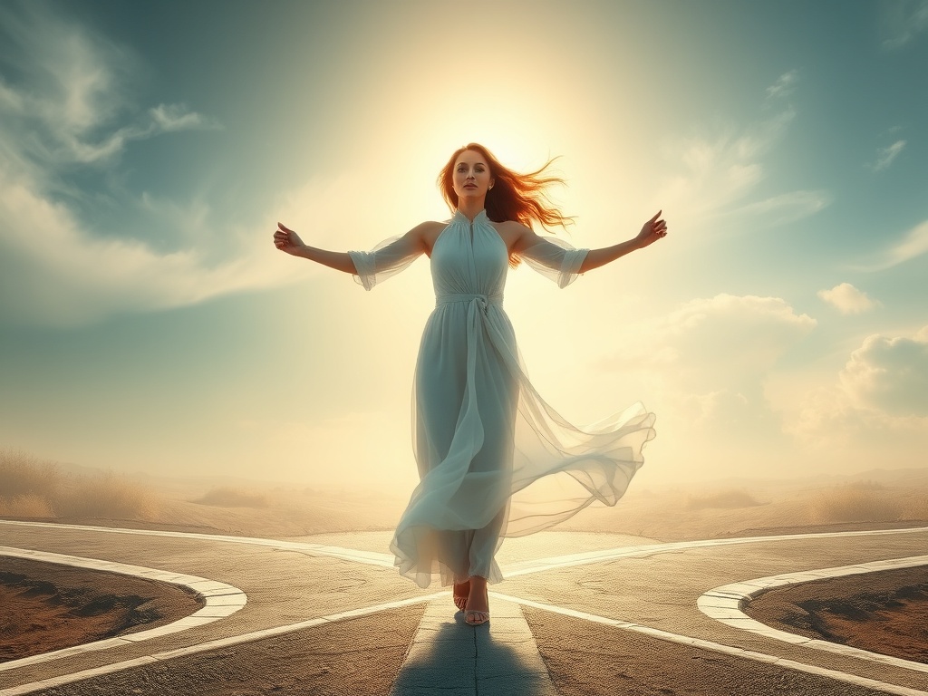 "A serene woman reclaims control, standing at a crossroads, calm winds, soft light, boundaries glowing softly, inner strength blooming, subtle energy flow."
