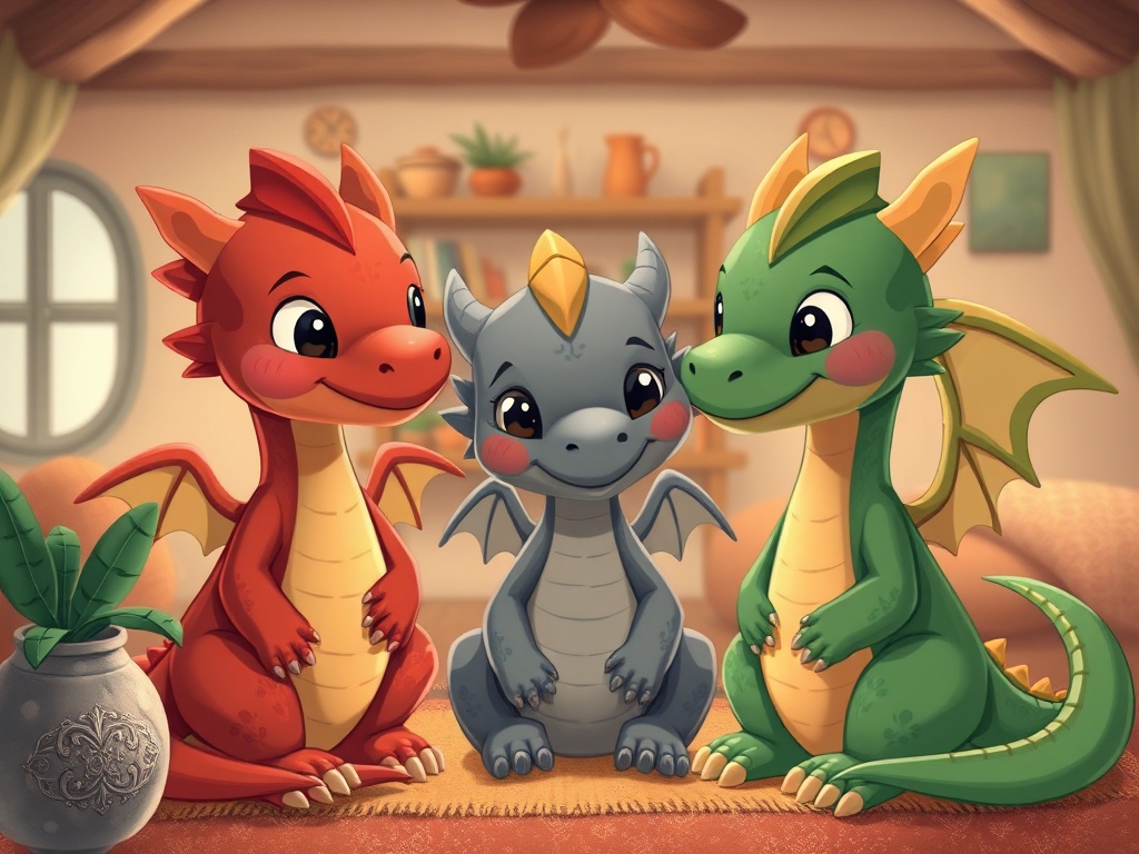 A warm, imaginative scene with three color-coded dragons (red, gray, green) in a cozy, supportive home setting, soft lighting, gentle expressions, inviting atmosphere.