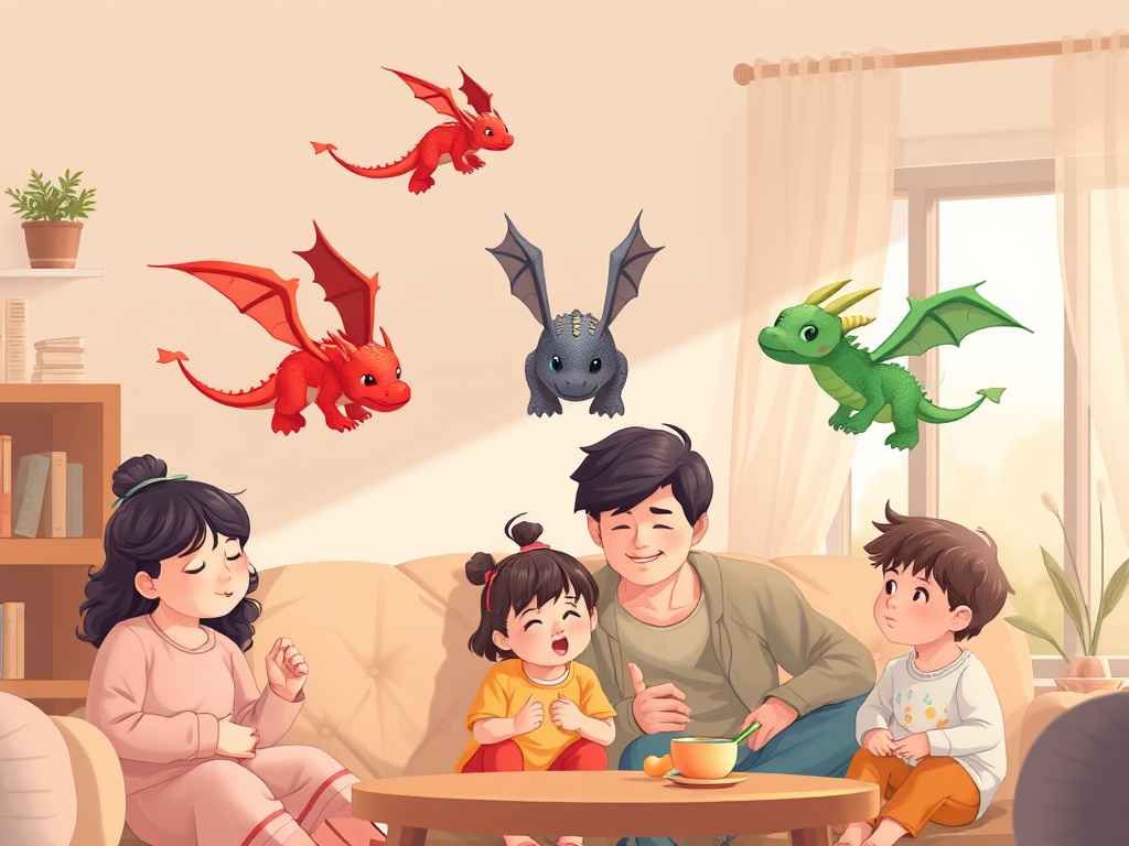 "A warm, inviting scene of diverse parents and children interacting calmly; three color-coded dragon sprites (red, gray, green) hover above a cozy home setting, soft lighting, gentle textures."