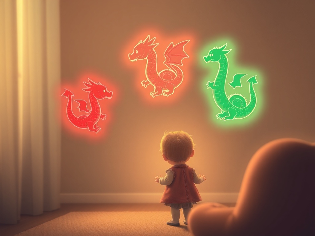 "A tender scene showing a parent gently guiding a child through a calm, cozy space; three glowing dragon symbols—red, gray, green—hover softly above, with warm light and comforting colors."