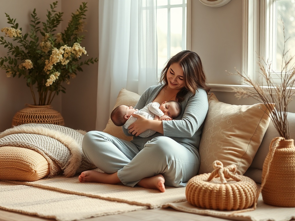 "A serene, softly lit retreat space with a calm mother cradling a sleepy baby, gentle color palette, cozy cushions, and warm natural elements." You MAY only use up to 25 words.
