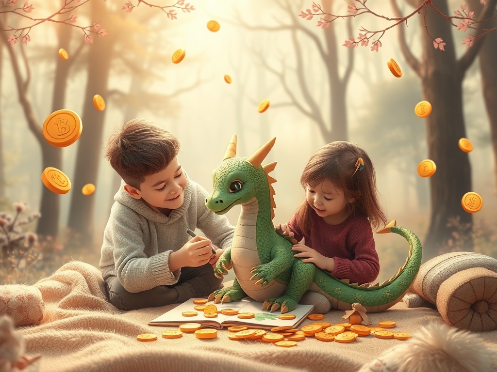 "A dreamy, soft-lit scene of a parent and child drawing and crafting a gentle dragon together, surrounded by floating dragon coins, cozy textures, and warm pastel colors, magical forest backdrop."