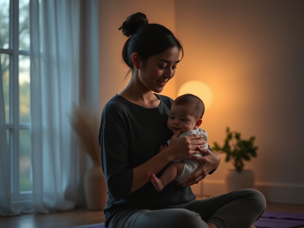 "A serene mother cradling a calm baby in a dim, softly lit room; tranquil colors, gentle nature vibes outside window, subtle Qigong pose nearby."