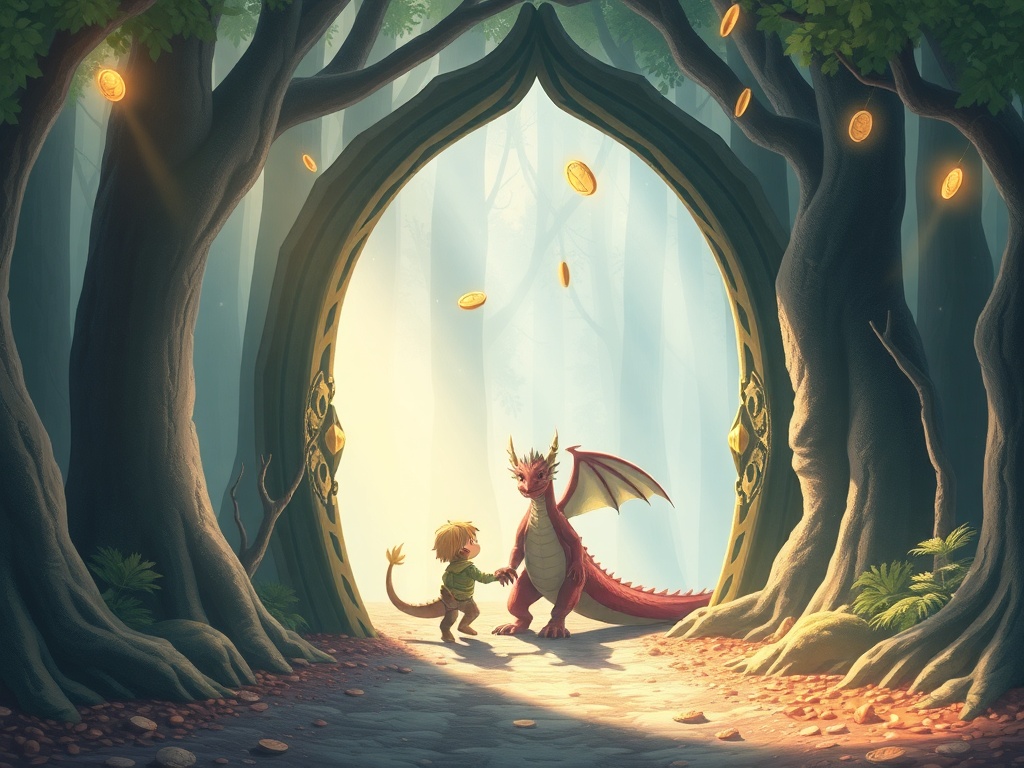 A soft-lit, magical forest doorway where a parent and child dragon-guardian step through, gentle pastel colors, shimmering dragon coins floating, cozy textures, comforting aura.