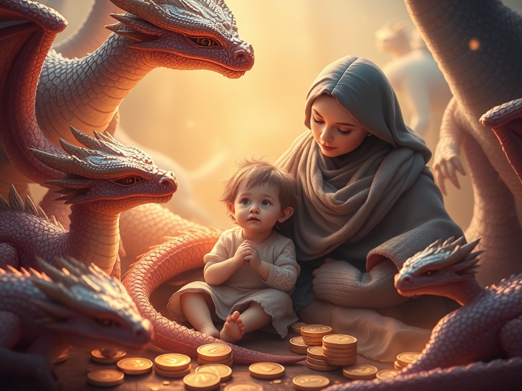A magical, cozy scene with a parent and a prikkelgevoelige child among gentle dragons, soft textures, shimmering coins, warm light, soothing colors.