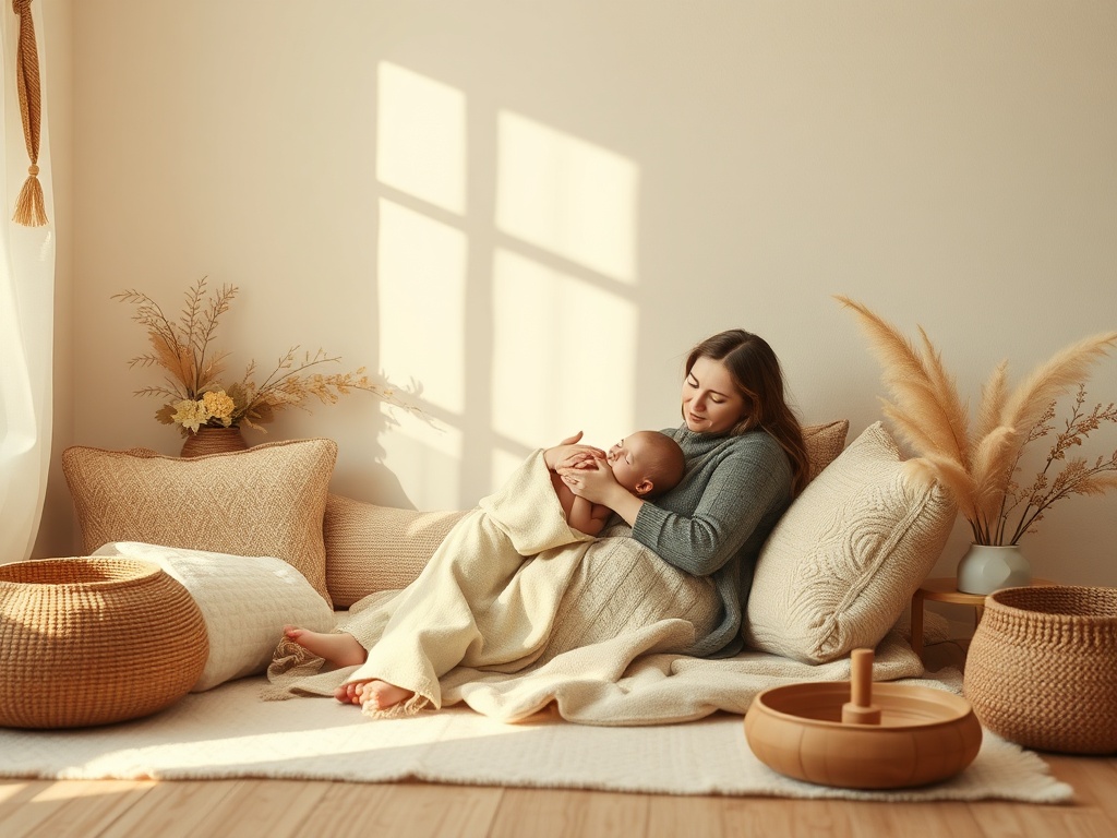 "A serene, softly lit retreat space with a calm mother cradling a sleepy baby, gentle color palette, cozy cushions, and warm natural elements." You MAY only use up to 25 words.