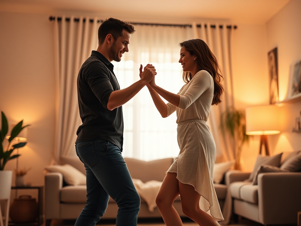 "A couple dancing confidently at home, soft warm lighting, cozy living room, clear instructional vibe, gentle motion lines, intimate yet modern atmosphere, beginners-friendly."