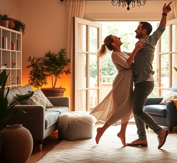 "A couple dancing joyfully at home, soft warm light, cozy living room, open doorway to garden, celebration hints, gentle smiles, supportive atmosphere." You MAY only use up to 25 words. This image is intended for use as a background, so ensure a balanced 