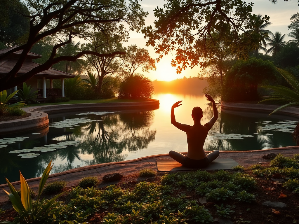 Een persoon die yoga beoefent bij zonsopgang aan een rustige waterkant.