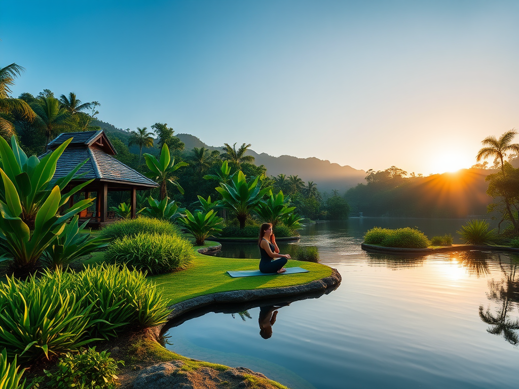 Een vrouw mediteert tijdens zonsopgang bij een rustige vijver.
