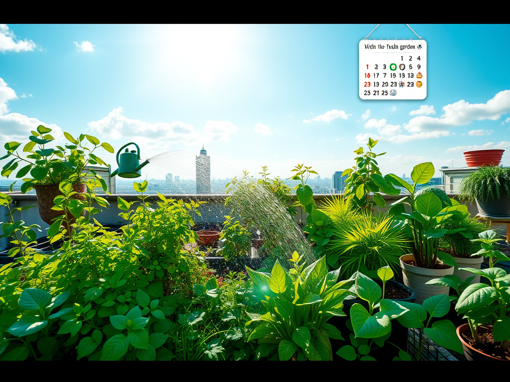 "a lush green rooftop garden" "varied plants thriving under sunlight" "watering can gently misting leaves" "calendar with nature-themed icons in background" "sunshine with soft clouds overhead" "hands caring for plants, removing weeds"