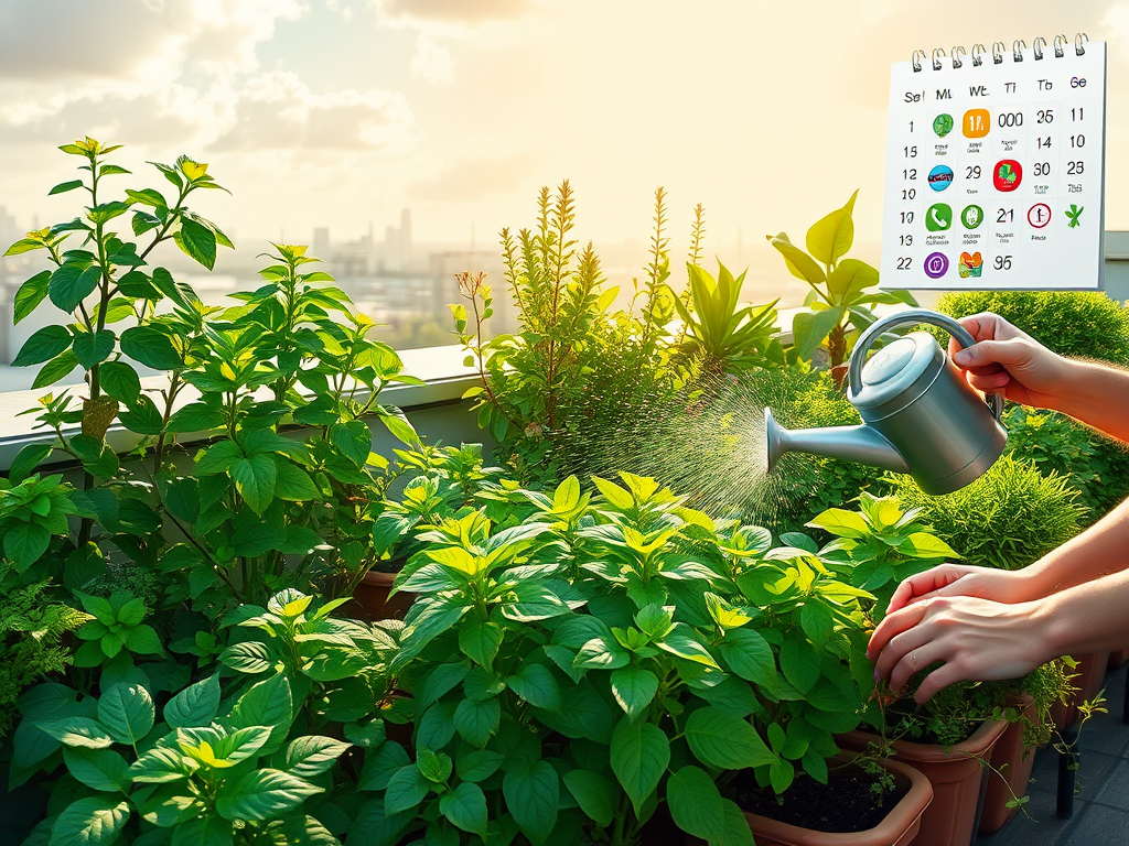 "a lush green rooftop garden" "varied plants thriving under sunlight" "watering can gently misting leaves" "calendar with nature-themed icons in background" "sunshine with soft clouds overhead" "hands caring for plants, removing weeds"