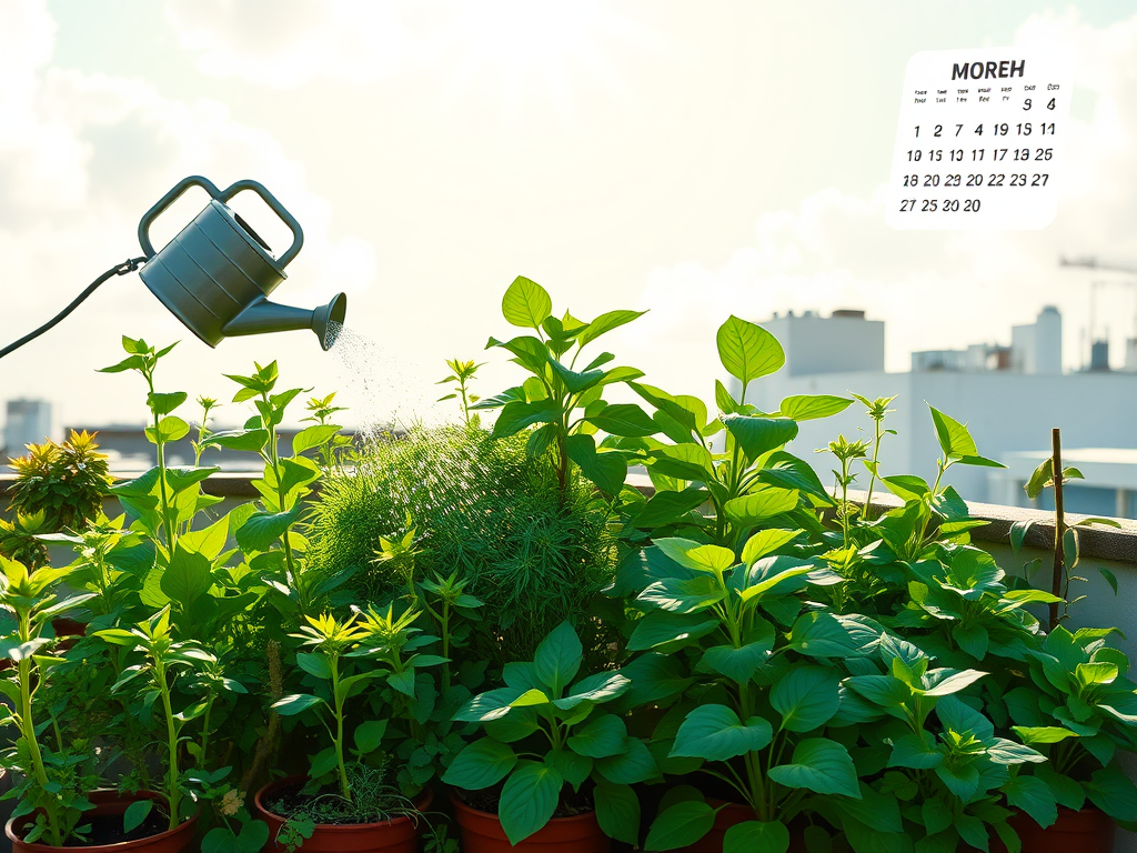 "a lush green rooftop garden" "varied plants thriving under sunlight" "watering can gently misting leaves" "calendar with nature-themed icons in background" "sunshine with soft clouds overhead" "hands caring for plants, removing weeds"