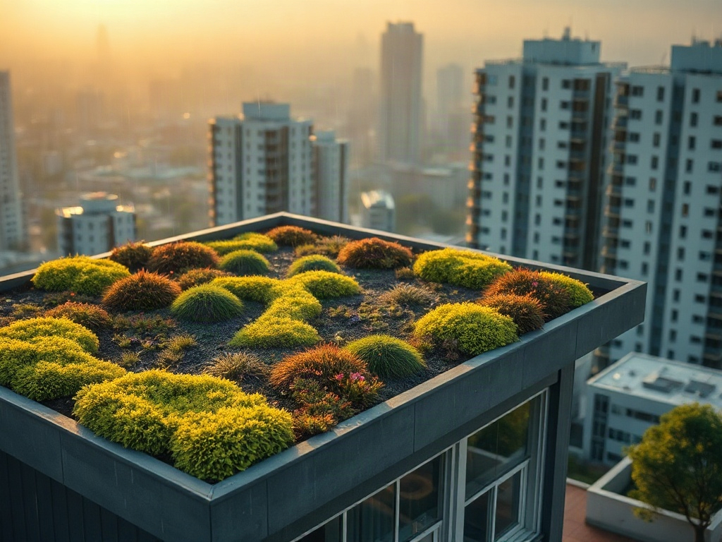 "A calm rooftop garden on a modern house, lush moss and wildflowers, misty rain sound implied, warm light, cooler shading, subtle eco-icons as shapes, serene city background."