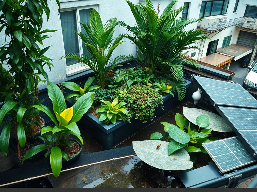 “Lush rooftop garden oasis above a quiet city street, rain-silenced atmosphere, cool shade, water retention channels, subtle solar panels, insects flourishing.”