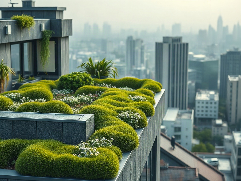 "A calm rooftop garden on a modern house, lush moss and wildflowers, misty rain sound implied, warm light, cooler shading, subtle eco-icons as shapes, serene city background."