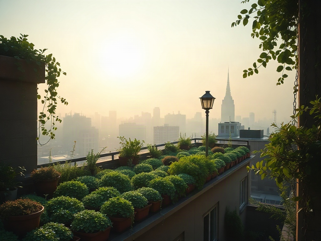 "Photorealistic rooftop garden over a cozy city home, serene atmosphere, lush sedum plants, soft morning light, subtle rain mist, peaceful residents silhouette, vivid biodiversity".