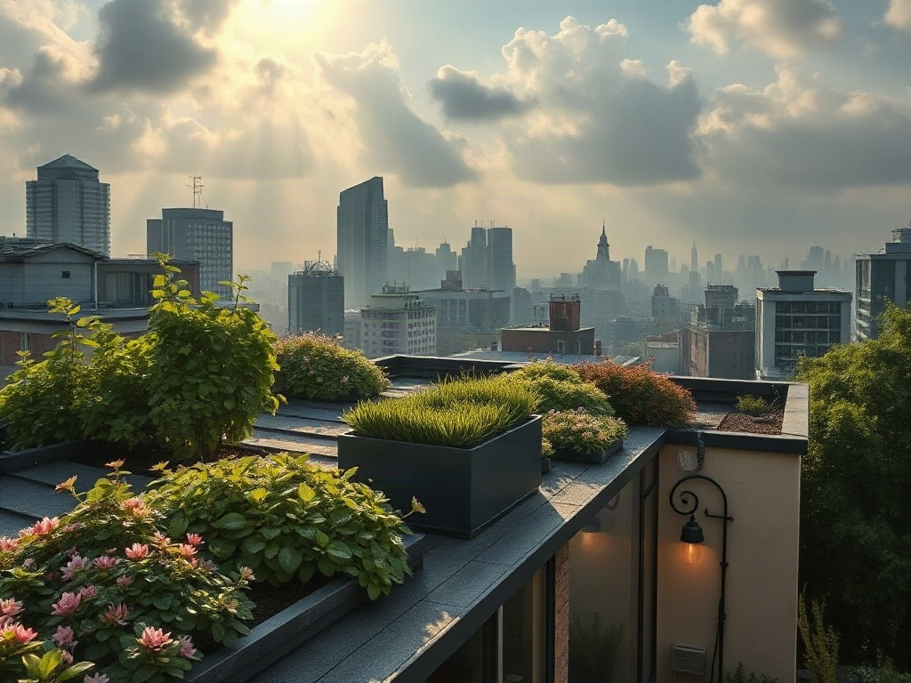 "Photorealistic rooftop garden over a cozy city home, serene atmosphere, lush sedum plants, soft morning light, subtle rain mist, peaceful residents silhouette, vivid biodiversity".