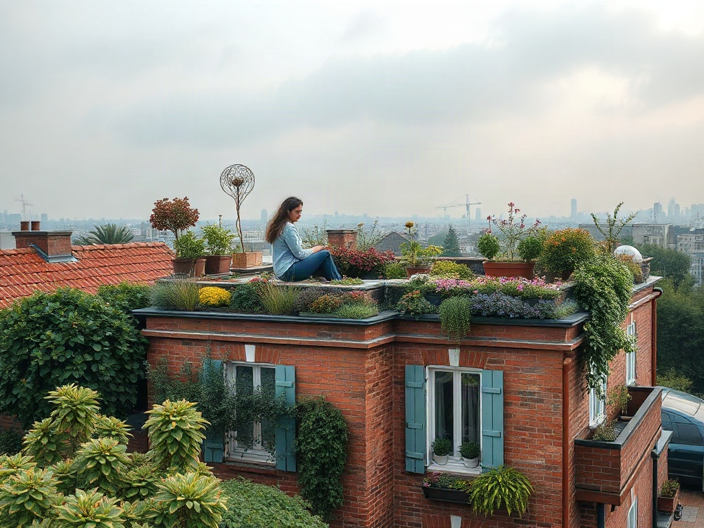 "Photorealistic rooftop garden over a cozy city home, serene atmosphere, lush sedum plants, soft morning light, subtle rain mist, peaceful residents silhouette, vivid biodiversity".