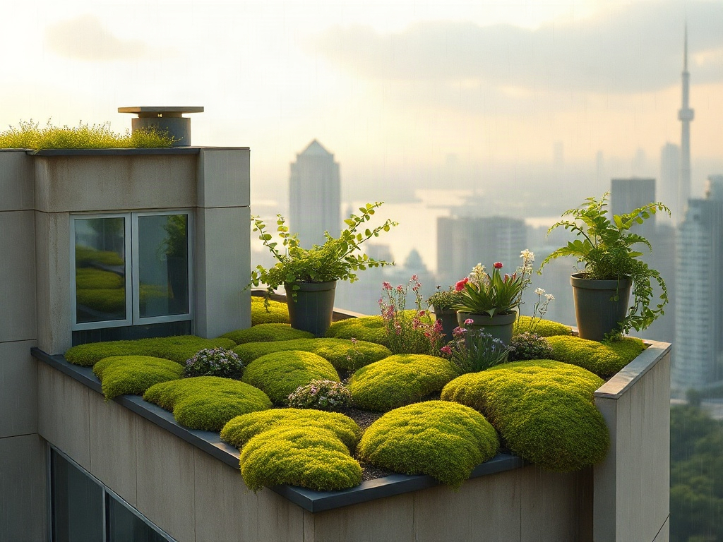 "A calm rooftop garden on a modern house, lush moss and wildflowers, misty rain sound implied, warm light, cooler shading, subtle eco-icons as shapes, serene city background."