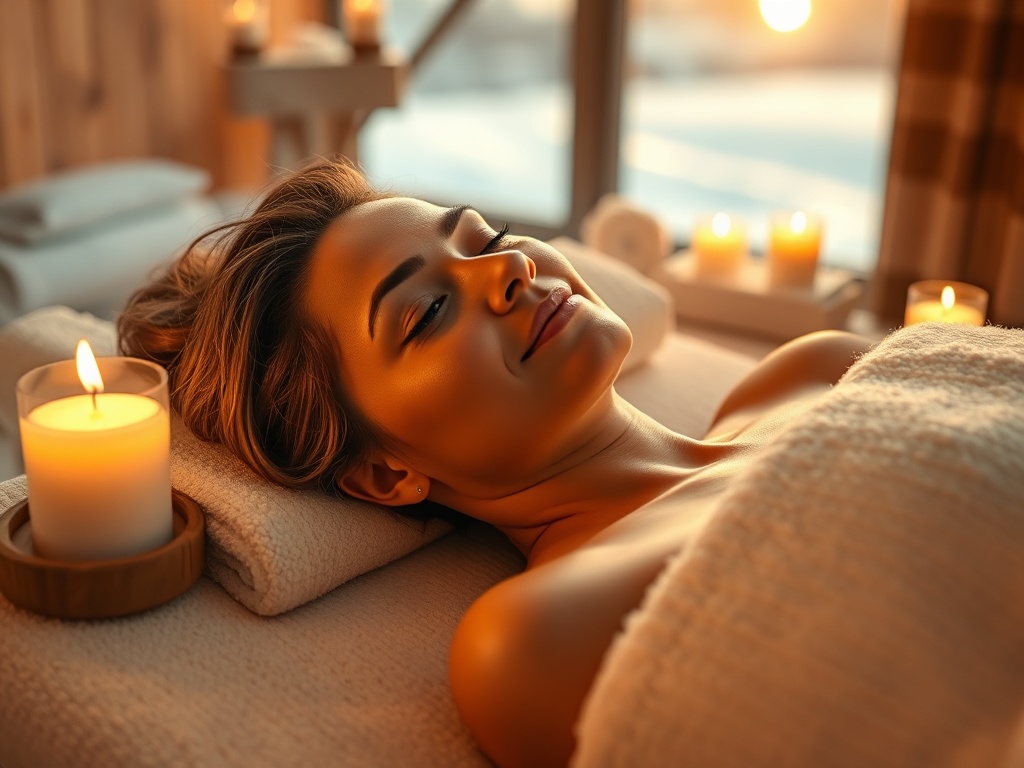 "A cozy, serene spa setting in warm tones; a woman between 40 and 70 reclines as warm compresses melt tension, soft brush strokes over face, delicate aromas, crystal energy glow, winter ambience, subtle silhouettes, calm horizon."