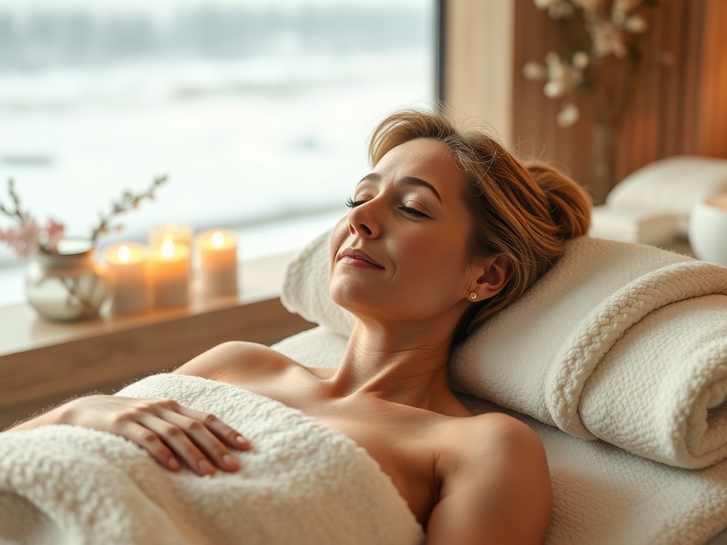 "A cozy, serene spa setting in warm tones; a woman between 40 and 70 reclines as warm compresses melt tension, soft brush strokes over face, delicate aromas, crystal energy glow, winter ambience, subtle silhouettes, calm horizon."