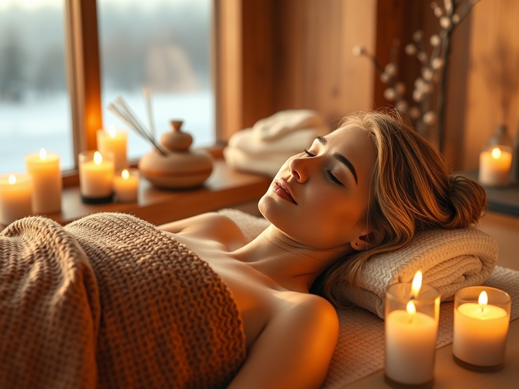 "A cozy, serene spa setting in warm tones; a woman between 40 and 70 reclines as warm compresses melt tension, soft brush strokes over face, delicate aromas, crystal energy glow, winter ambience, subtle silhouettes, calm horizon."
