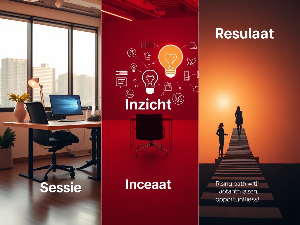 Three connected scenes in one split composition; “Sessie” as a focused interview desk, “Inzicht” as mind-map lightbulb visuals, “Resultaat” as a rising path toward matching opportunities, modern professional style, warm tones, Dutch business a