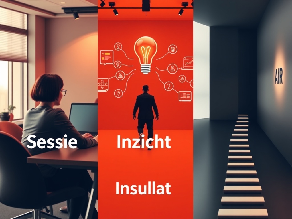 Three connected scenes in one split composition; “Sessie” as a focused interview desk, “Inzicht” as mind-map lightbulb visuals, “Resultaat” as a rising path toward matching opportunities, modern professional style, warm tones, Dutch business a
